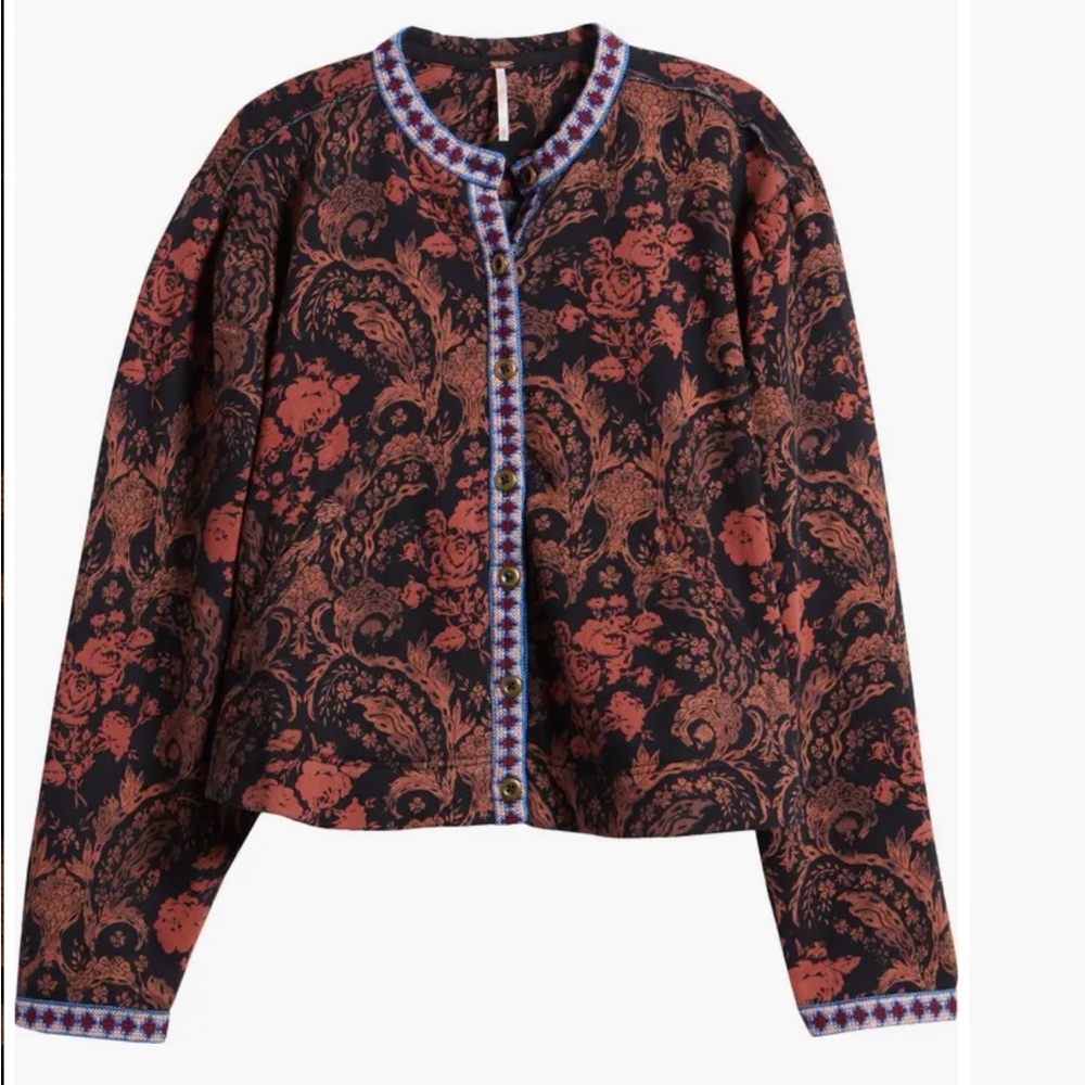 Free People Black and Red jacket with Intricate Design.

NWOT